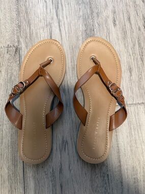 Kelly & Katie Brown Faux-Leather Thong Sandals with Metal Ring Detail